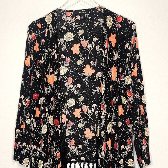 Torrid Multi Color Floral Fringe Open Front Long Sleeve Duster Kimono 1 1X 14/16 - Picture 4 of 9